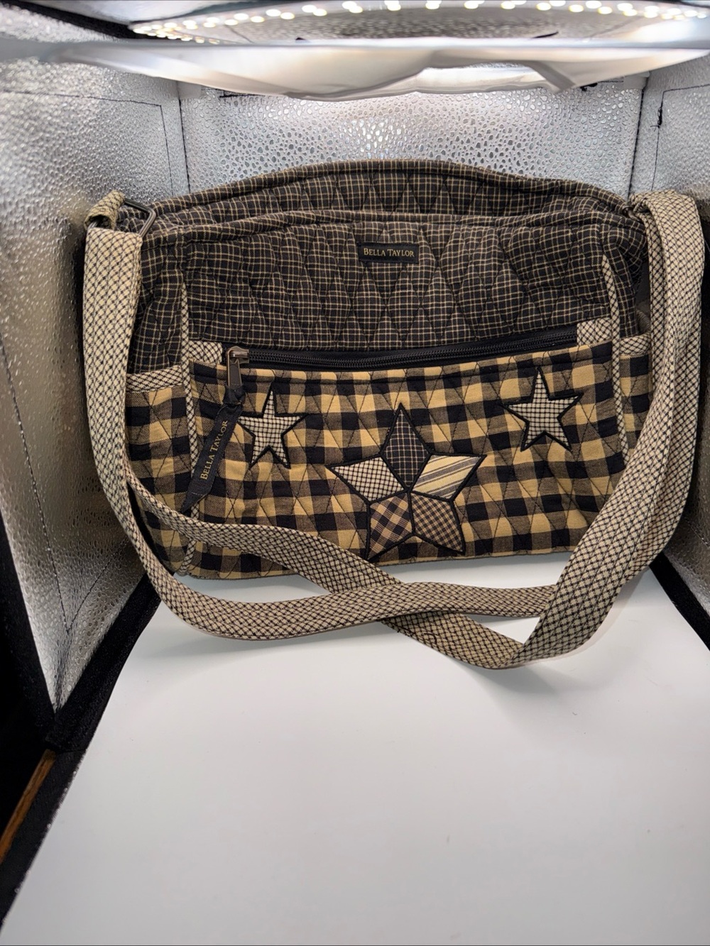Bella Taylor Brown Plaid Star Shoulder Bag with Cream Strap